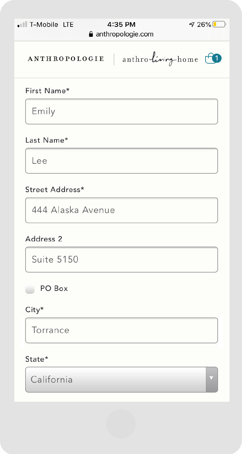 Anthropologie Webpage Step 3 - Mobile