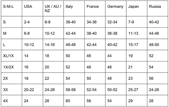 Mens International Size Conversion Chart