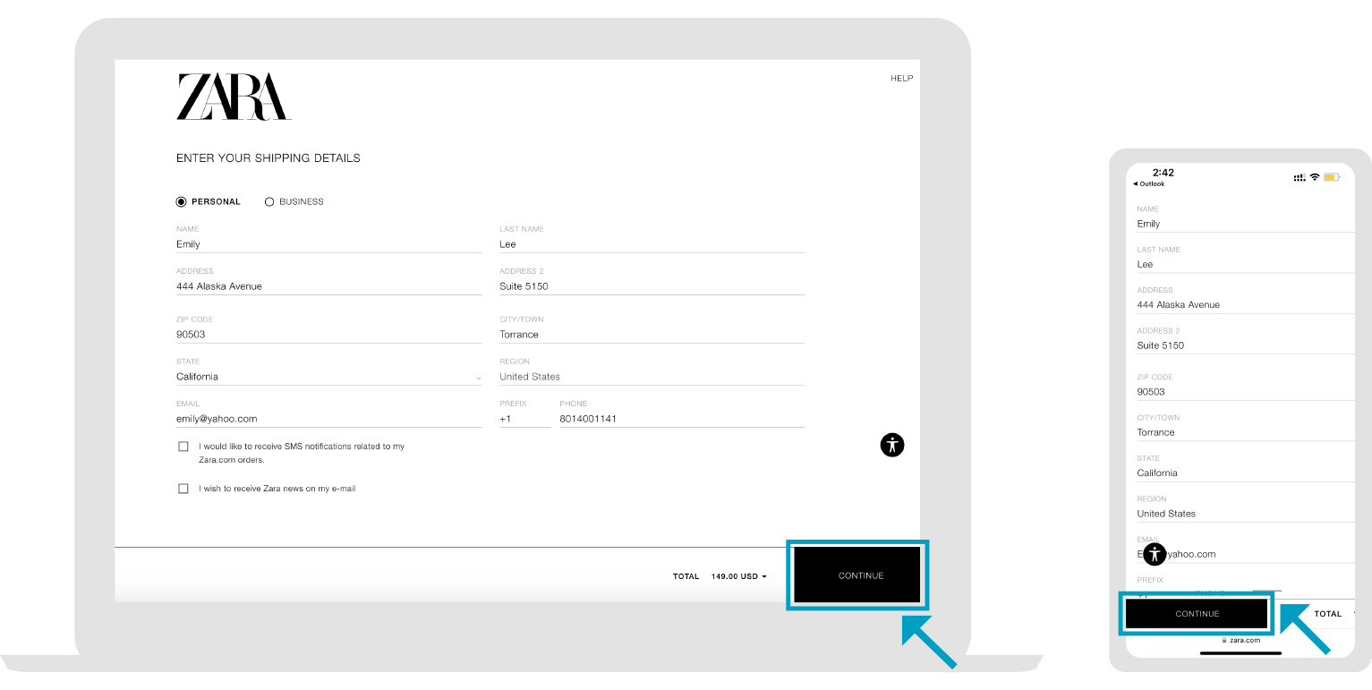 Zara Shipping checkout page